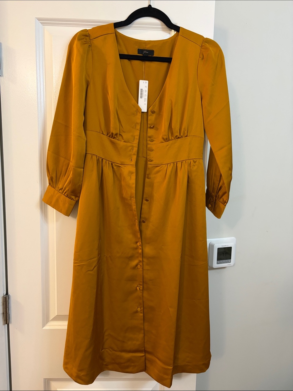 Satin Button-Front Midi Dress in Mustard